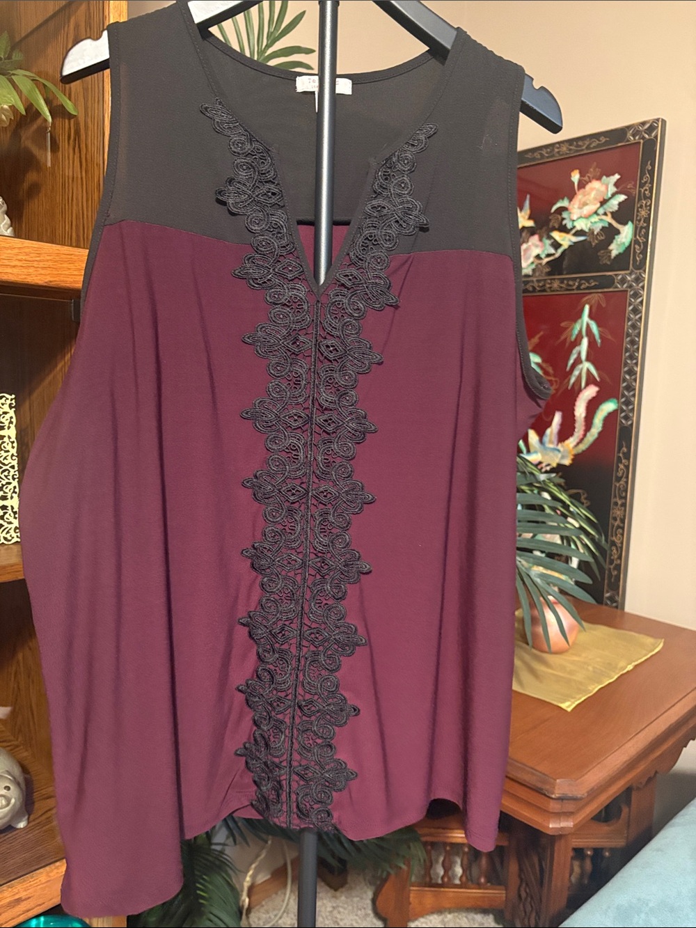 Tempted Sleeveless Lace-Trim V-Neck Top in Burgundy and Black